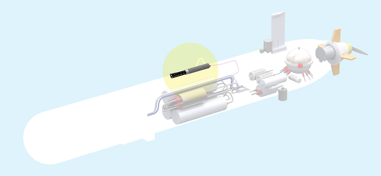 CTD-Sensor zur Bestimmung von Leitfähigkeit, Temperatur und Tiefe zur Berechnung der Schallgeschwindigkeit.