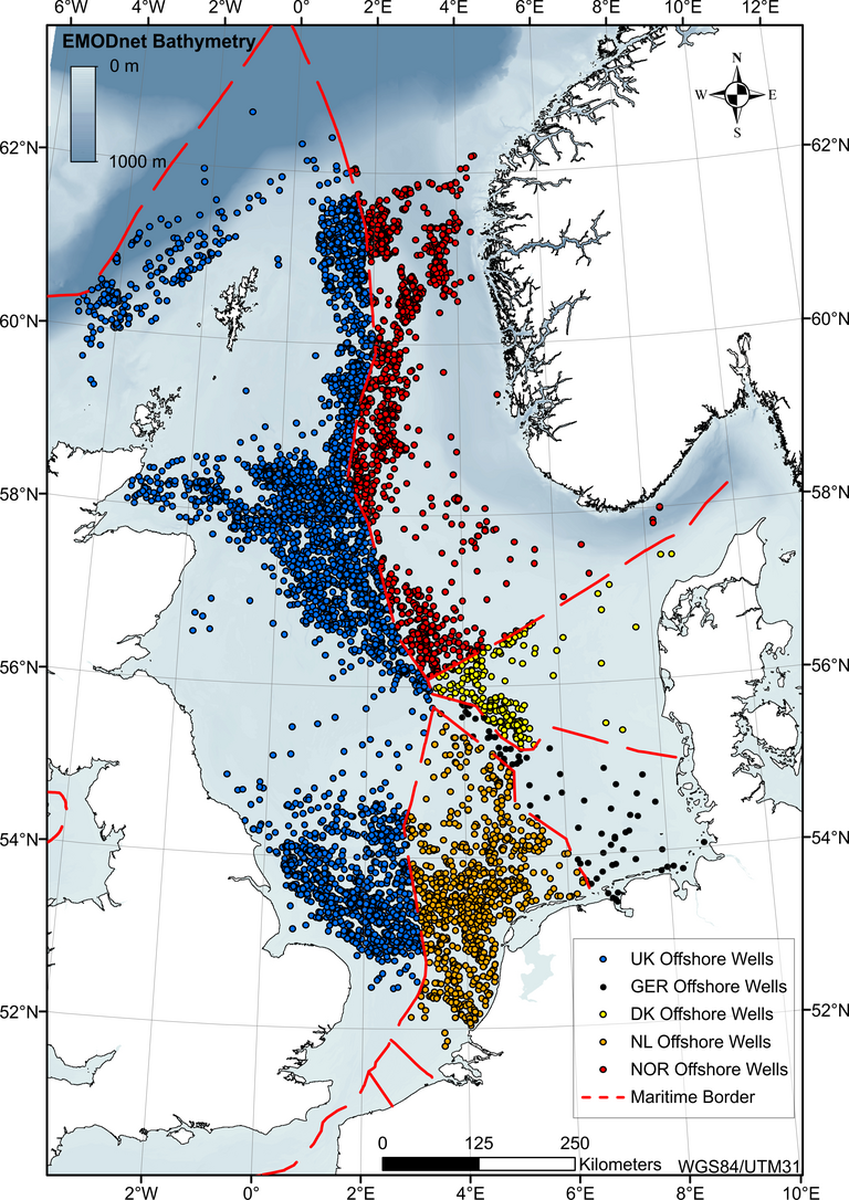 Verteilung der Bohrlöcher auf die ausschließlichen Wirtschaftszonen von Großbritannien, Norwegen, Dänemark, Deutschland und die Niederlande. Grafik: Christoph Böttner/GEOMAR.