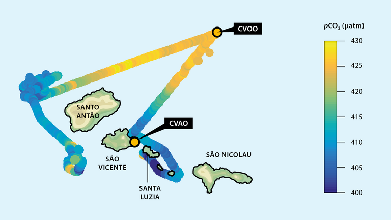 Räumliche Verteilung des CO2 Partialdrucks ( pCO2) im Oberflächenwasser.