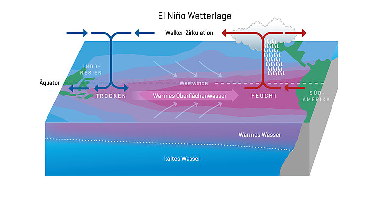Schematisches Diagram eines ENSO Events. Grafik: C. Kersten, GEOMAR