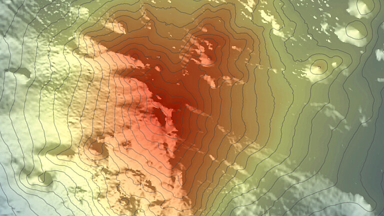 Bathymetric map of the submarine Cadamosto Seamount, which is located at a depth of 1,500 to 3,000 metres below sea level.