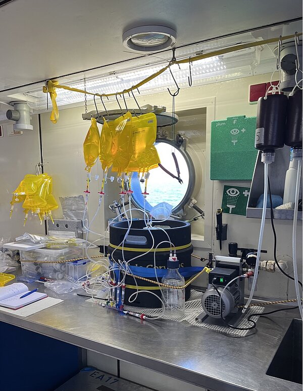 Figure 9: Laboratory setup on the ship to pre-process reference water samples. (Photo: Björn Raupers)