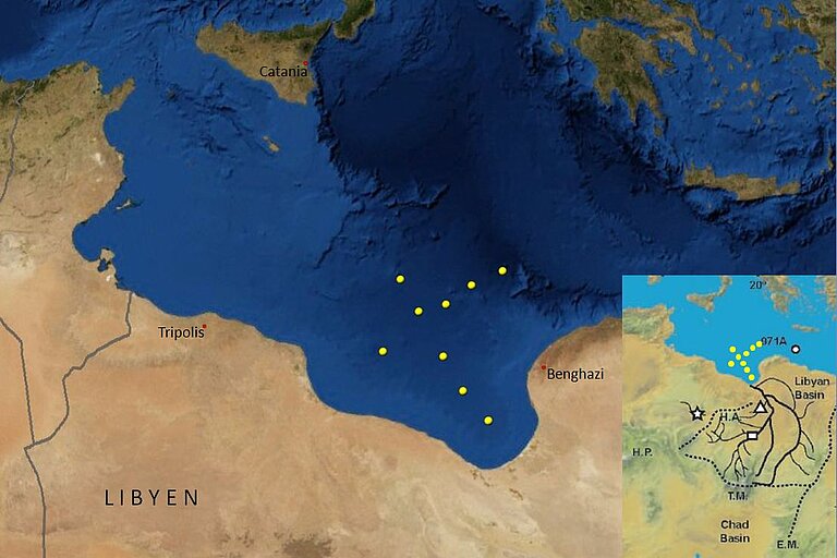 Lage der 9 Kernstationen in der großen Syrte vor Libyen, kleine Karte zeigt vermutete Flusssysteme in der nördlichen Sahara (aus: Osborne et al., 2008)
