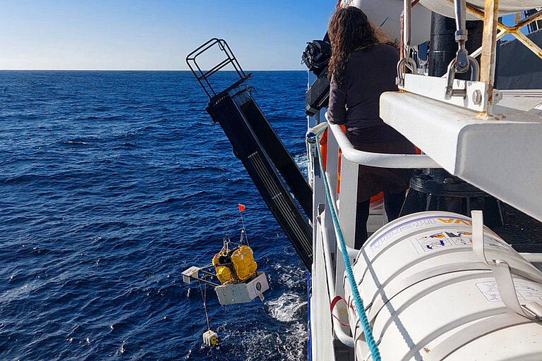 Eine Frau schaut über die Reling eines Forschungsschiffes, während ein gelbes Messinstrument aus dem Wasser geborgen wird