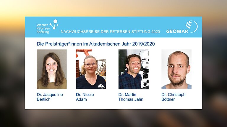 Die Folie zeigt die zwei Preisträgerinnen und zwei Preisträger der Petersen-Nachwuchspreise am GEOMAR: Dr. Jacqueline Bertlich, Dr. Nicole Adam, Dr. Martin Thomas Jahn und Dr. Christoph Böttner.  