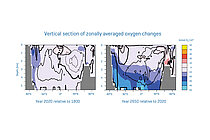 Vertical section of zonally averaged oxygen changes in the simulation with historical CO2 emissions and zero emissions from 1 January 2021 onwards. Left: Year 2020 relative to 1800. Right: Year 2650 relative to 2020. Graphics: C. Kersten, modified from A. Oschlies, 2021, GEOMAR.