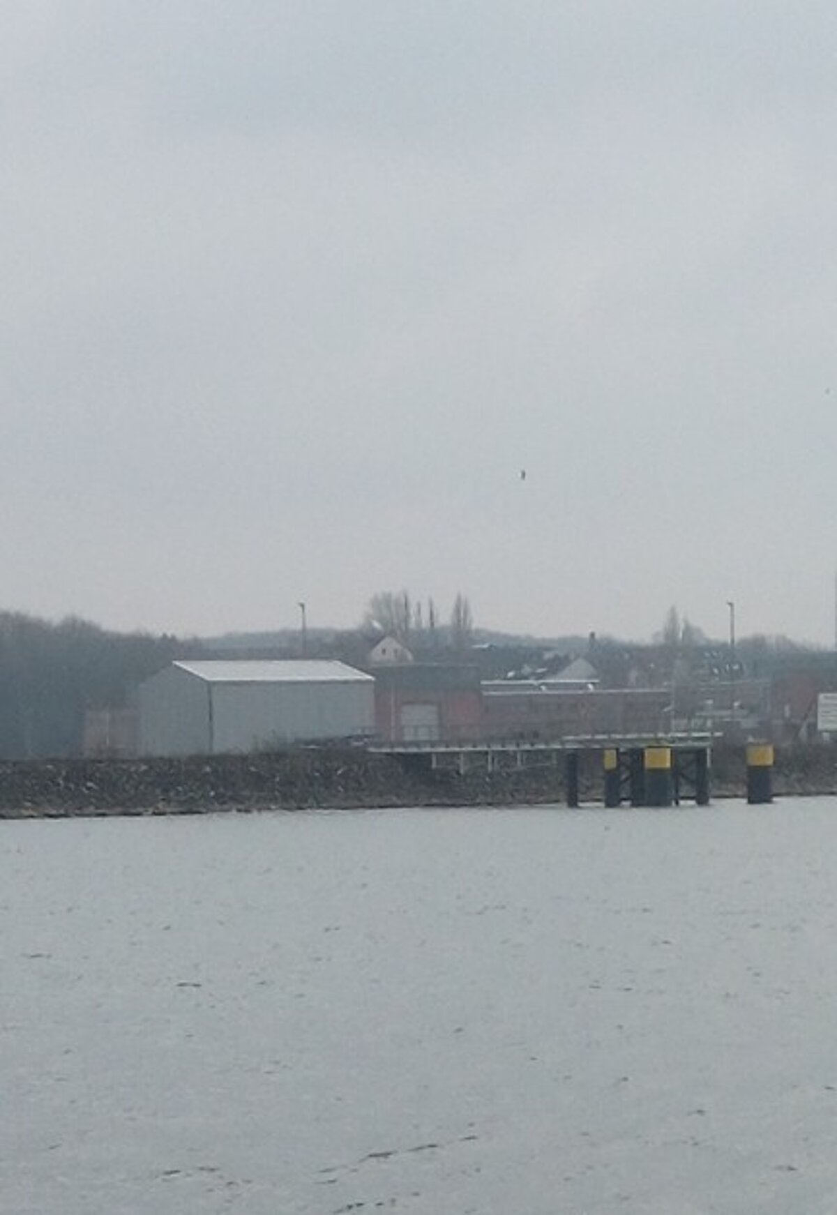 Ein weißes Gebäude am Ufer der Kieler Förde. Davor reicht eine Metallstruktur bis zum Wasser.