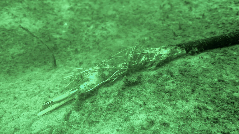 Ein zerfasertes Stromkabel liegt auf dem Meeresboden