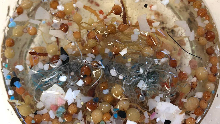 In einem Glas schwimmen viele kleine Plastikteilchen