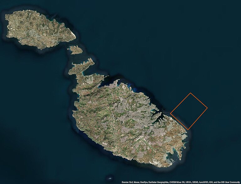 Satellitenaufnahme von Malta, Arbeitsgebiet ist gekennzeichnet.