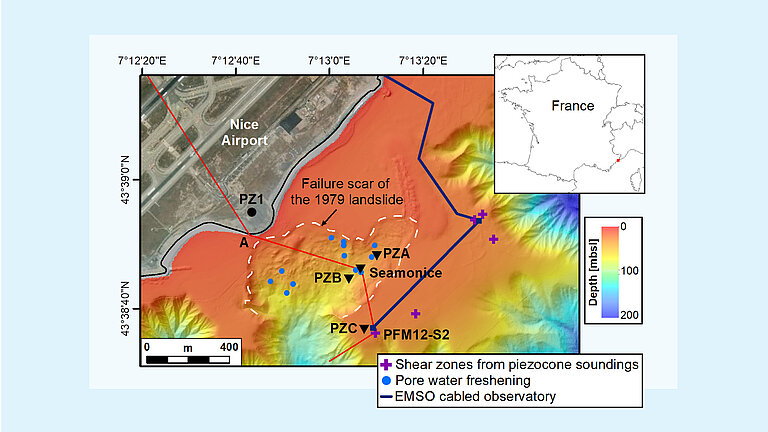 Fächerecholot-Bathymetriedaten mit den Standorten von vier Offshore-Piezometerstationen 