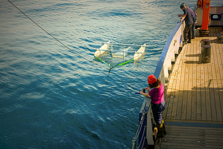 Mit Hilfe des Katamaran-Trawls wird die Mikroplastikkonzentration an der Oberfläche untersucht. Foto: Expeditionsteam AL534/2