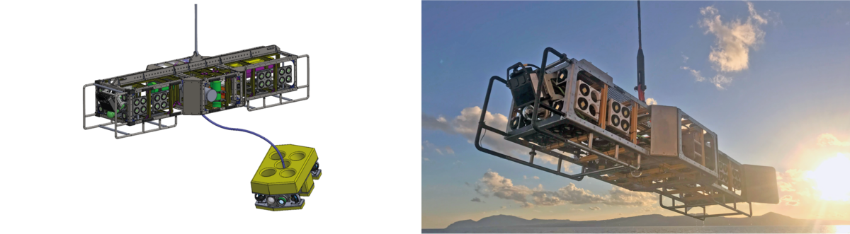 Concept drawing and photo of the MOMO towsled and ROV KASSIOPEIA