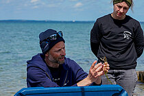 [Translate to English:] Ein Mann mit blauer Strickmütze hockt am Strand hinter einer Kühlbox mit blauem Deckel und hält einen Seegras-Spross hoch.