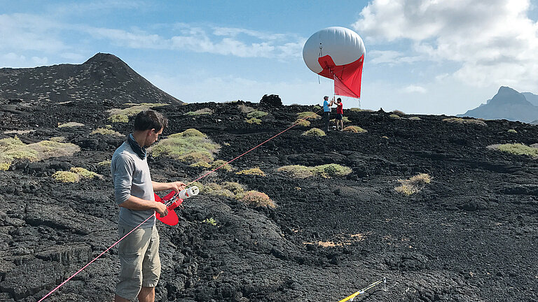 Ein Ballondrachen im Einsatz zur Messung von Temperatur, Luftfeuchte und Druck.