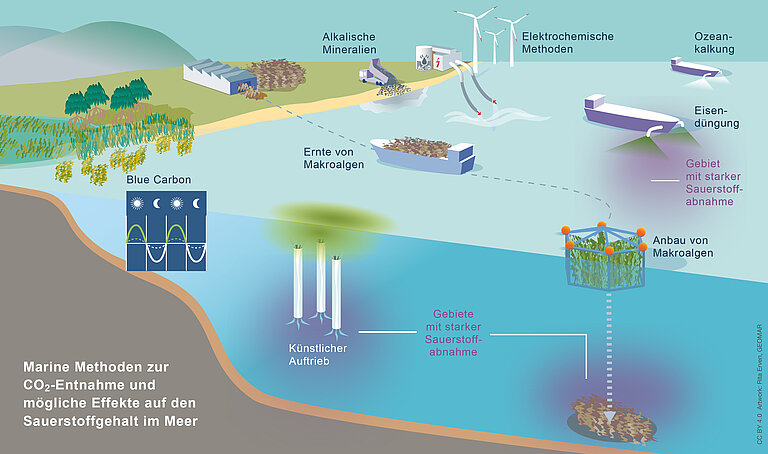Grafik, die schematisch die verschiedenen mCDR-Methoden und ihre Auswirkungen auf den Sauerstoffgehalt im Ozean zeigt