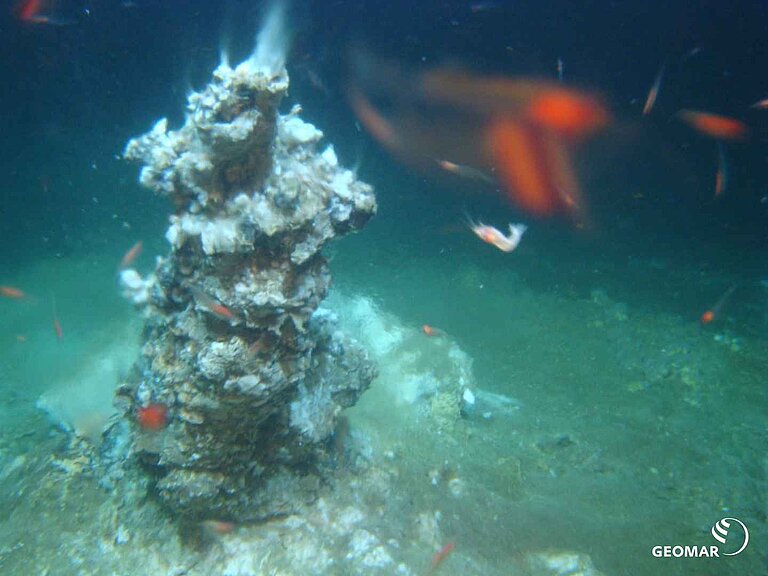 Ansicht eines hydrothermalen Schlots unter Wasser.