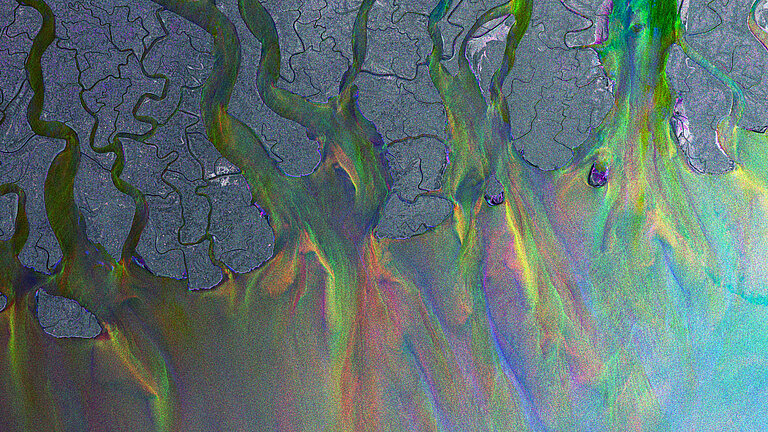 Blick aus dem All auf glitzernde Flüsse, die ins Meer münden