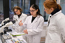 Drei Frauen stehen in einem Labor vor zwei Mikroskopen, einem Laptop und einem aufgeschlagenen Buch