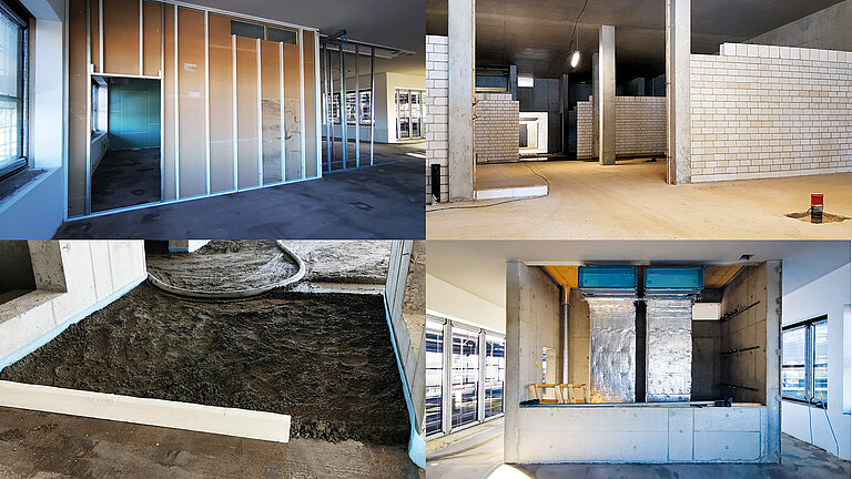 Innenausbau: Trockenbauwände, Gemauerte Innenwände, Estricharbeiten und Einbau der Lüftungsschächte.