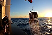 Ein Kranzwasserschöpfer wird bei Sonnenuntergang an Bord eines Forschungsschiffes gehievt