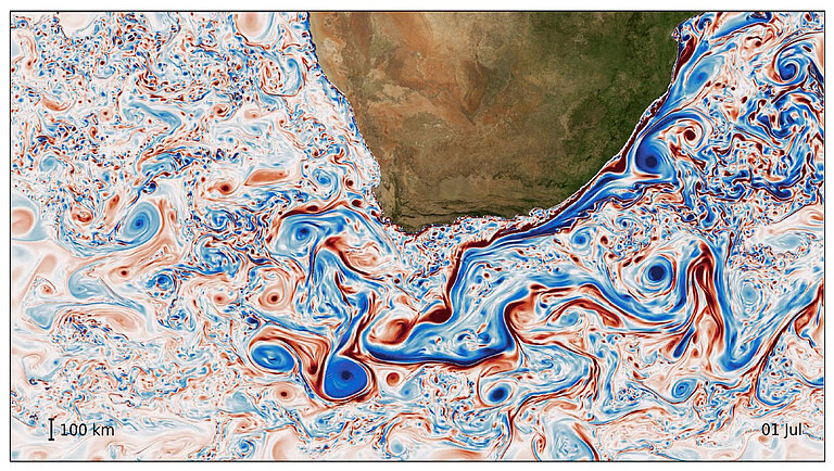 Mesoskalige und submesoskalige Strömungen im Ozean südlich von Afrika. Eine Momentanaufnahme der normalisierten relativen Wirbelstärke an der Oberfläche (ein Maß für die Rotation und die Turbulenz) aus einer numerischen Simulation mit einer horizontalen Auflösung von 1/60°. Grafik: Arne Biastoch, Franziska Schwarzkopf, GEOMAR