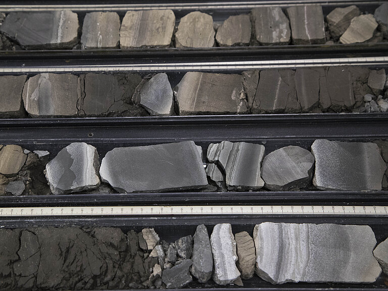 Fragments of drill cores of different colouring lie in gullies 