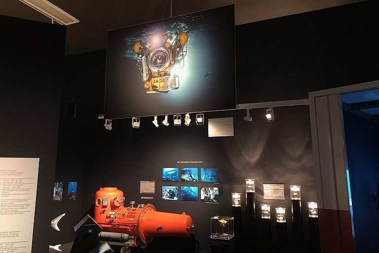 In the exhibition hall: A picture of JAGO and creatures from the deep sea.