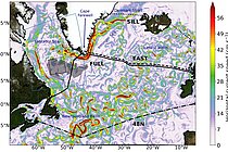 A map of the North Atlantic with colour-coded ocean currents