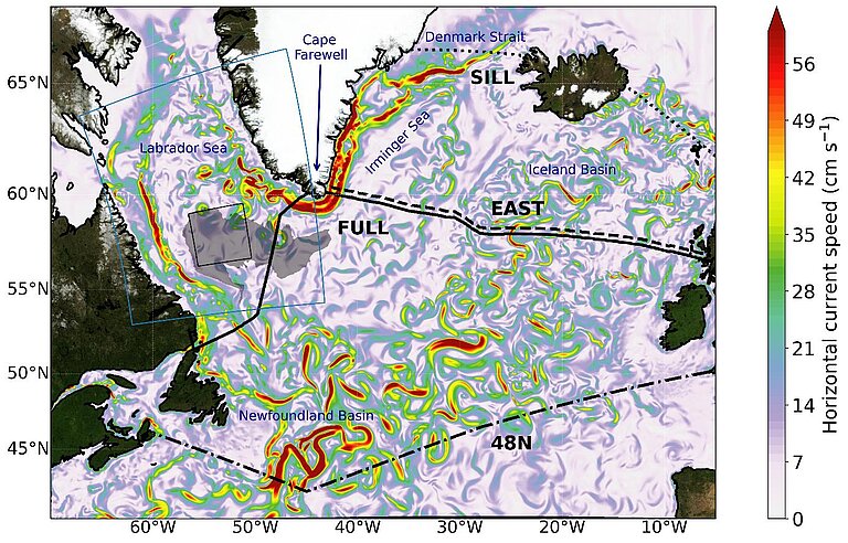 A map of the North Atlantic with colour-coded ocean currents