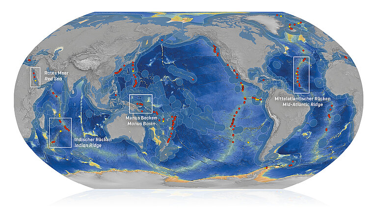 Verteilung von aktiven (rot) und inaktiven (gelb) Schwarzen Rauchern im Ozean.
