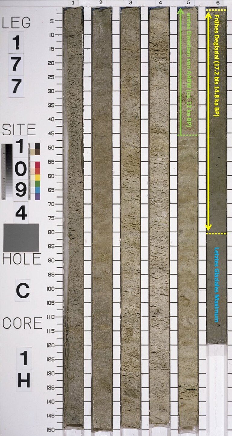 Sedimentkern aus dem Südatlantik: Der farbliche Übergang von eiszeitlicher zur heutigen warmzeitlichen Sedimentation liegt vor allem am variablen Karbonat- und Tonanteil. Älteste Sedimente rechts unten, jüngste Sedimente links oben. Foto: IODP 2019 (Foto in höherer Auflösung unten aif dieser Seite).