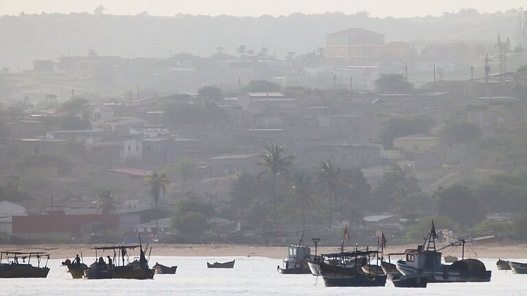 Kleine Fischerboote auf dem Wasser mit Palmen und Häusern an Land im Hintergrund.