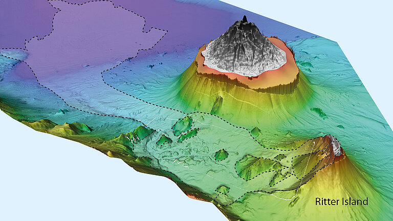 Ritter Island und der umgebende Meeresbodens mit den Spuren der Hangrutschung vom 13. März 1888. 