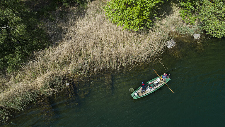Drone shot: The picture shows a rowing boat on the edge of a lake