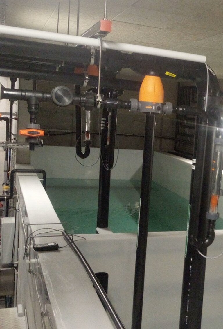 A large white basin and black tubes leading in