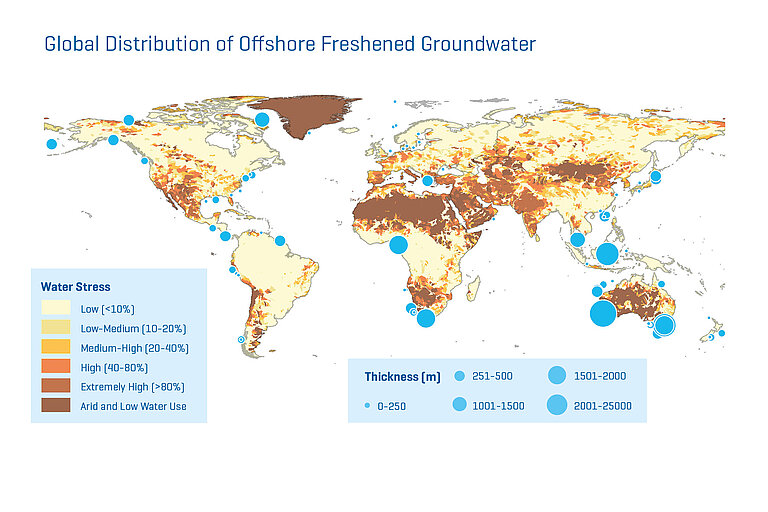 World map with different sized blue circles along all continental margins. The blue circles indicate offshore groundwater deposits. 