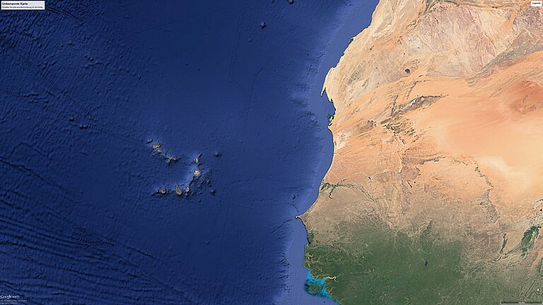 A map showing a piece of West Africa and the Cape Verde Islands in the sea in front of it