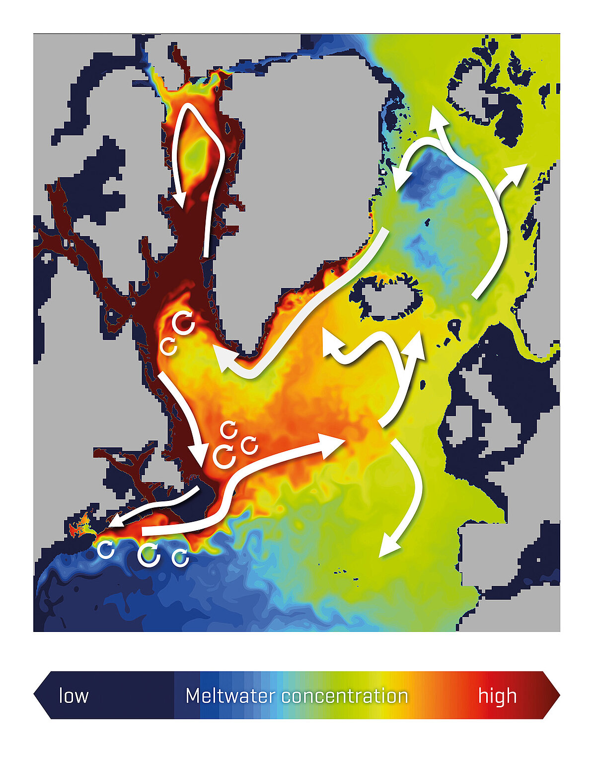 Concentration and dispersion paths of Greenland meltwater in the upper ocean in the high-resolution climate model FOCI-VIKING10.
