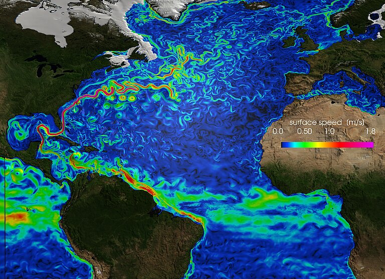 Oberflächennahe Geschwindigkeiten (Momentanaufnahme) in einem hochauflösenden Modell des Atlantik.  Quelle: GEOMAR.