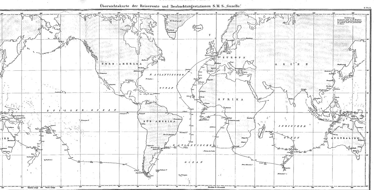 Die Reiseroute der Dampfkorvette "Gazelle" während ihrer Forschungsreise um die Welt 1874-1876. Aus: Die Forschungsreise S.M.S. GAZELLE in den Jahren 1874 bis 1876 unter Kommando des Kapitän zur See Freiherrn von Schleinitz. II. Theil: Physik und Chemie. 