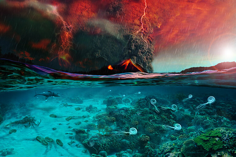 Illustration zur Darstellung des Beginns des Perm-Trias-Massensterbens basierend auf Erkenntnissen von Jurikova et al. (2020). Von: Dawid Adam Iurino (PaleoFactory, Sapienza University of Rome).