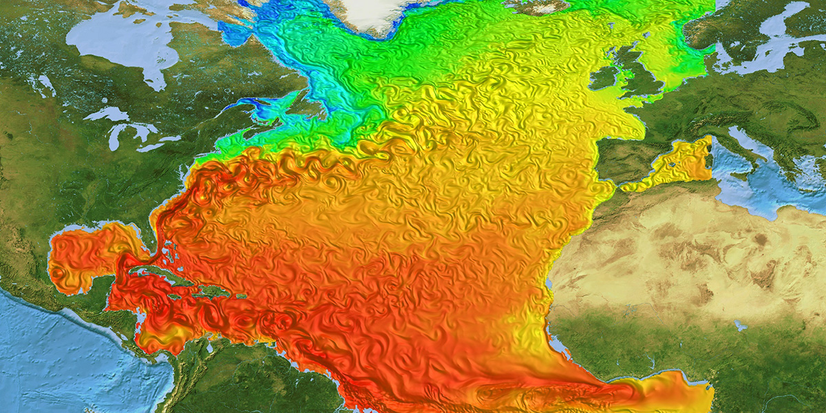 Strömungsmuster in einem hochauflösenden Modell des Nordatlantiks. Quelle: GEOMAR.